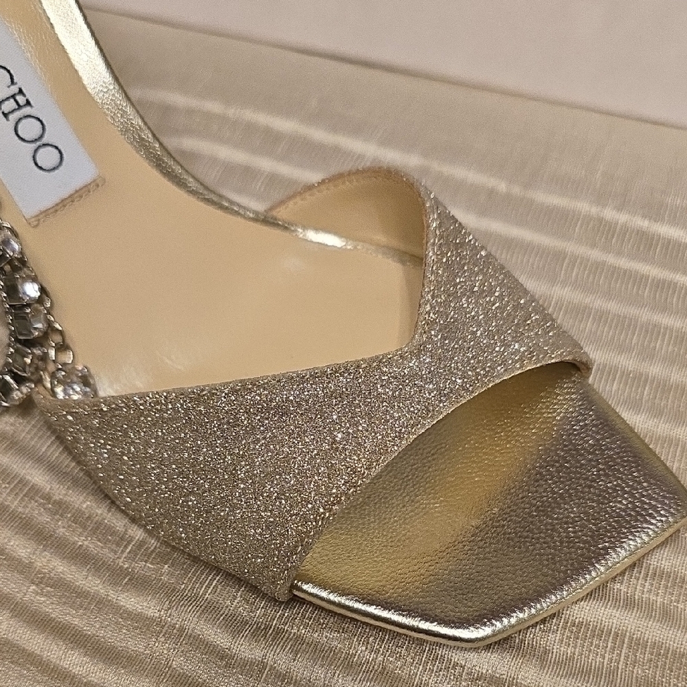 Jimmy Choo Sparkling Gold Heels with Ankle Strap Saeda Sandal Platinum Ice/cryst - Picture 9 of 14